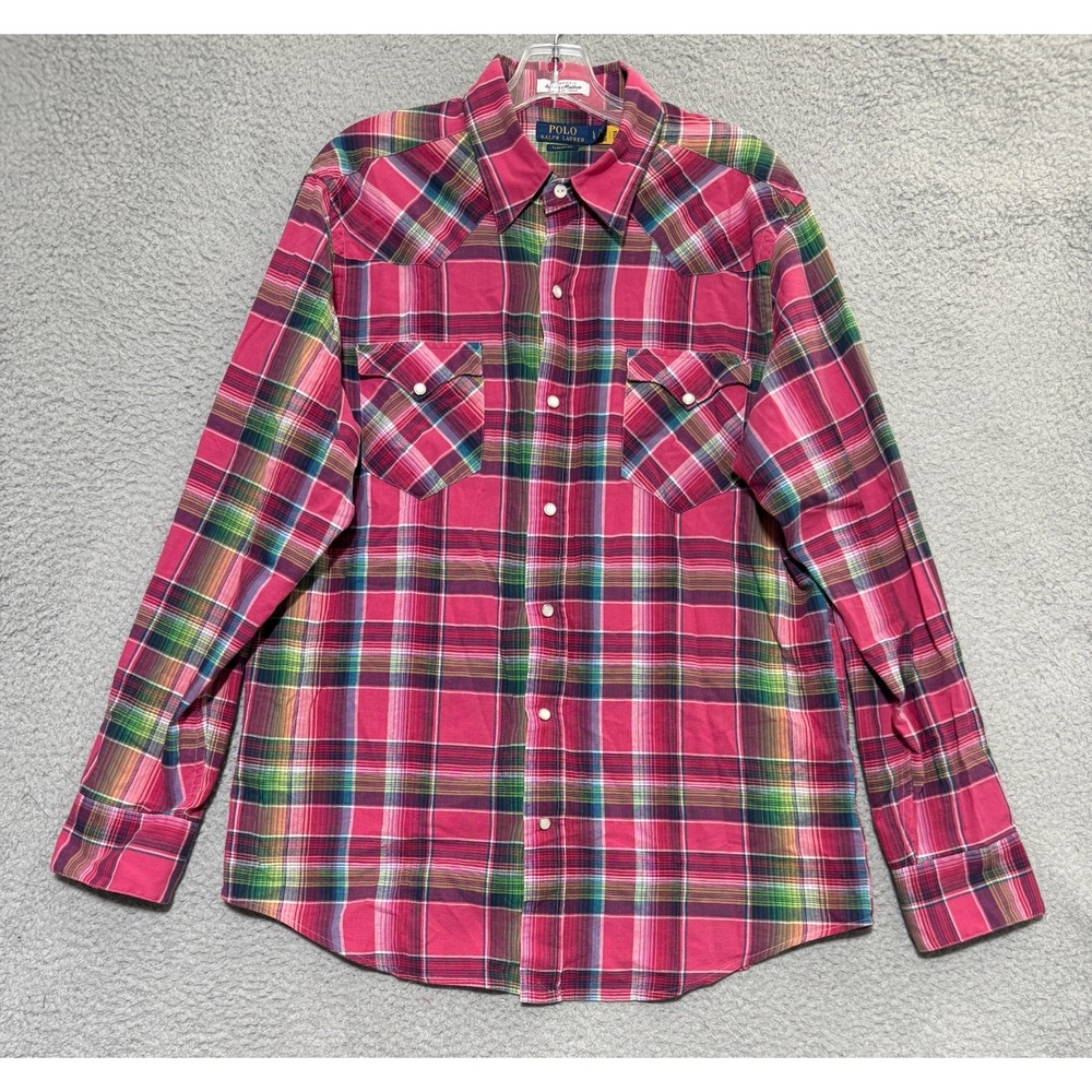 Polo Ralph Lauren Indian Madras Western Snap Shirt Mens size Large Plaid Classic